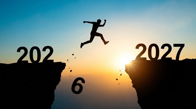 A silhouette of a person jumping over a gap between numbers representing the transition from 2026 to 2027 at sunset