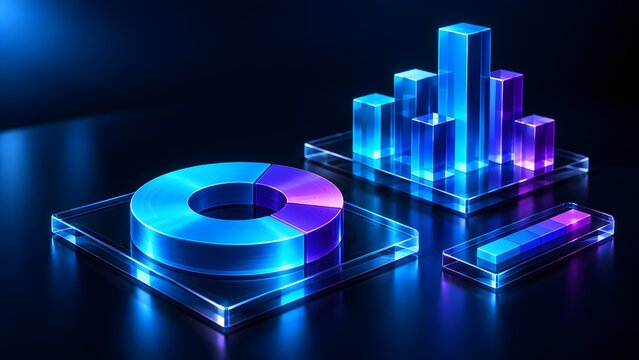 Glowing transparent 3D pie chart and bar graph blocks illustrating financial data visualization and corporate market analysis