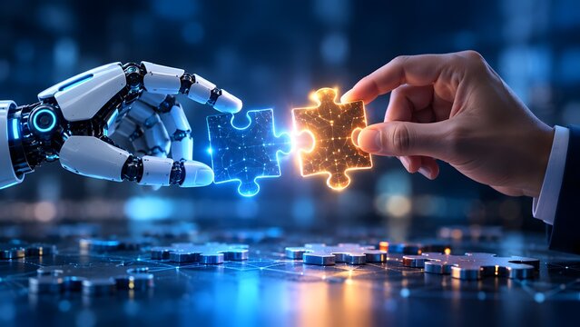 Human hand and robotic arm connecting glowing puzzle pieces representing artificial intelligence integration and future business synergy