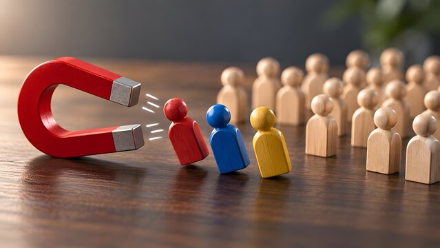 Large red magnet attracting standout employee figures from a crowd representing talent acquisition and corporate headhunting strategy