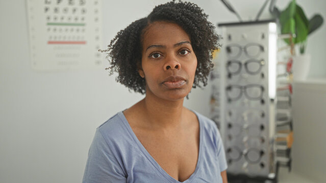 Young woman looking at camera with eyeglasses rack and eye chart in optometry clinic, slight head tilt and neutral expression; thoughtful concern.