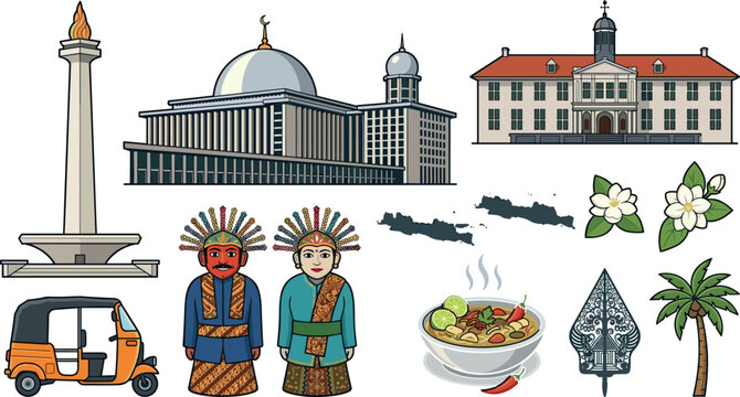 Jakarta Indonesia Cultural Landmarks and Traditional Icons Vector Set with Monas Istiqlal Mosque Ondel Ondel and Local Food Illustration Designs