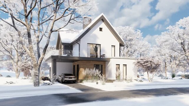 4K orbit shot of a modern suburban house in winter. The contemporary white home features a dark pitched roof, wooden deck, swimming pool, and snowy landscape under a sunny blue sky.