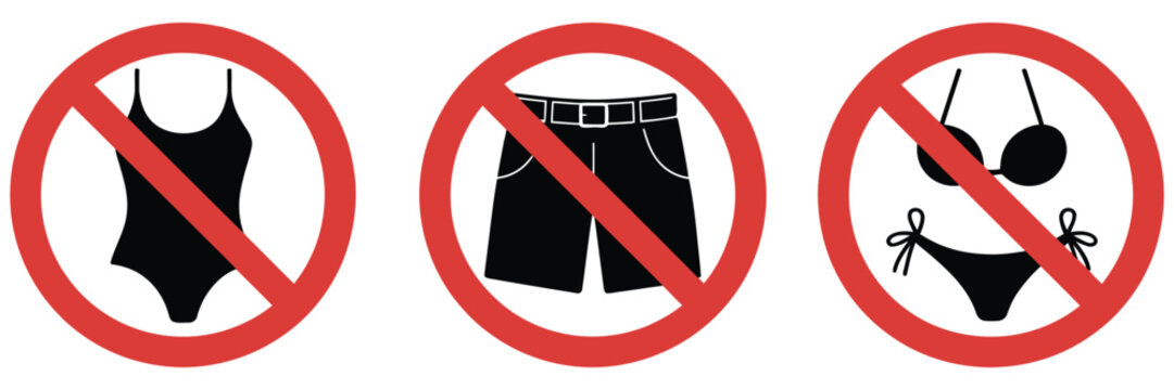 no swimwear prohibition sign, warning symbol banning bikini, shorts, and swimsuit, safety hygiene facility regulation, restricted clothing notice, public pool rule, prohibited swimming attire, vector,