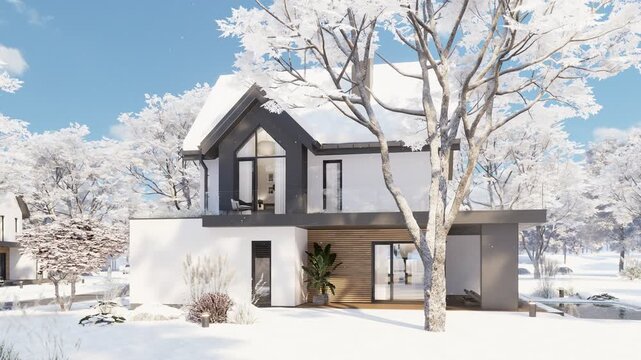 4K orbit shot of a modern suburban house in winter. The contemporary white home features a dark pitched roof, wooden deck, swimming pool, and snowy landscape under a sunny blue sky.