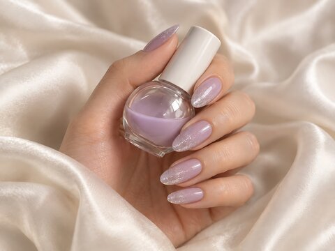 A close-up view of a hand holding a bottle of light purple nail polish with glittery long oval shaped fingernails against a silk fabric