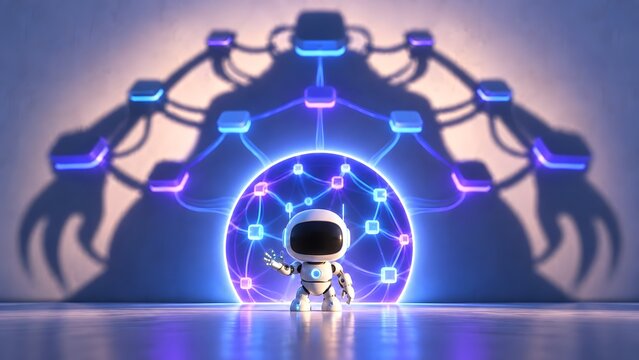 Friendly cute robot standing in front of a glowing circular portal casting a large interconnected network shadow on the background wall