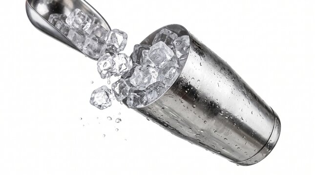Metal ice scoop pouring clear ice cubes into a stainless steel cocktail shaker with condensation
