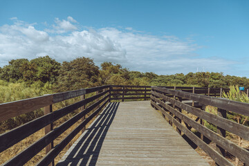 Obraz premium Scenic Wooden Boardwalk Trail in Troia, Portugal under a Blue Sky
