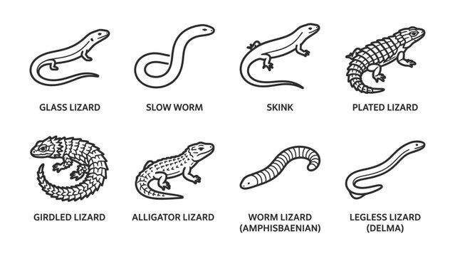 Reptilian Diversity: An illustrative collection showcasing eight distinct types of lizards, including glass lizards, slow worms, skinks, plated lizards, girdled lizards, alligator lizards.