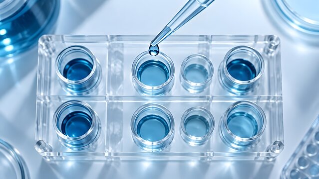 Laboratory pipette dropping blue liquid into a microplate well for medical research and chemical analysis