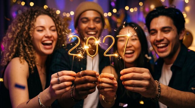 A group of four friends celebrating with sparkler numbers at a festive indoor party