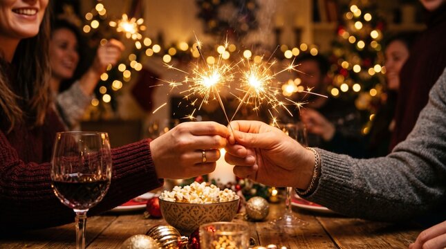 People holding sparklers during a festive indoor gathering with wine and popcorn