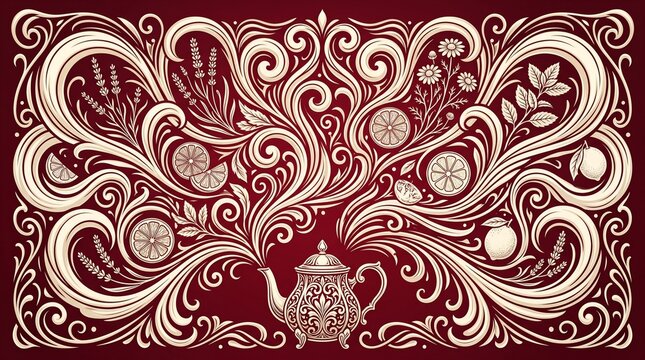 Ruby Tea Alchemy with Ivory Teapot, Herbal Sprigs, Citrus Slices and Ornamental Steam on Garnet Background, Vintage Beverage Illustration for Cafe Branding, Tea Packaging, Kitchen Decor. Prints