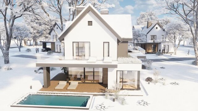 4K orbit shot of a modern suburban house in winter. The contemporary white home features a dark pitched roof, wooden deck, swimming pool, and snowy landscape under a sunny blue sky.