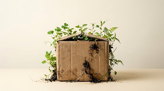 Conceptual image of a recycled cardboard box with fresh green leaves growing out of it, symbolizing sustainable packaging and environmental growth