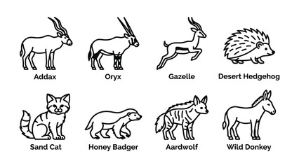 Fototapeta premium Desert Animal Iconography: A collection of eight distinct desert animal illustrations, including Addax, Oryx, Gazelle, Desert Hedgehog, Sand Cat, Honey Badger, Aardwolf, and Wild Donkey.