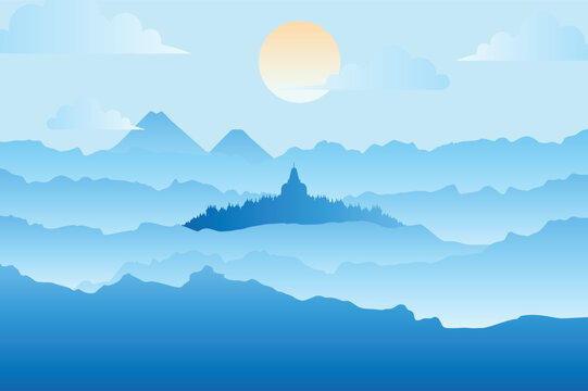 Borobudur Temple in Misty Mountain Landscape Illustration