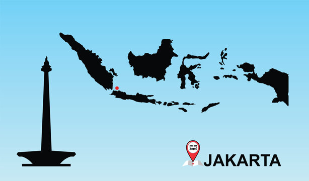 Indonesia Map with Jakarta Landmark and Location Pin Illustration
