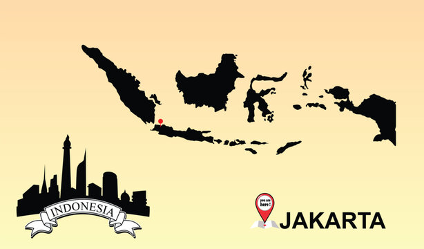 Indonesia Map with Jakarta Landmark and Location Pin Illustration