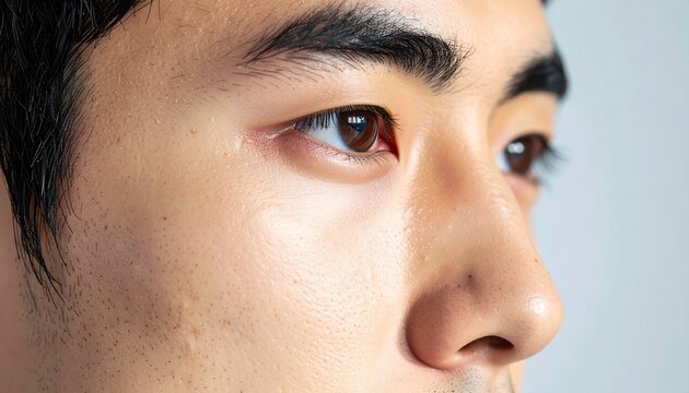 20代男性の超接写横顔、自然な表情と素肌の質感