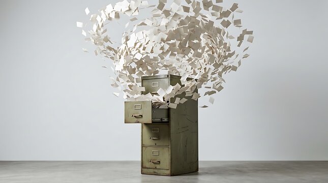 Filing cabinet overflowing with white paper documents flying out of an open drawer in a swirling chaotic motion against a clean minimalist background