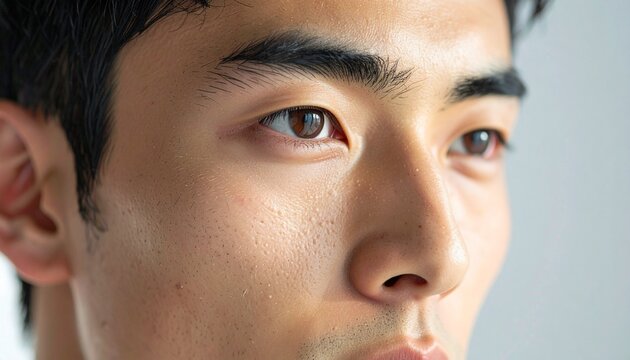 20代男性の超接写横顔、自然な表情と素肌の質感