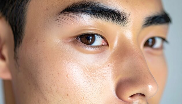 20代男性の超接写横顔、自然な表情と素肌の質感