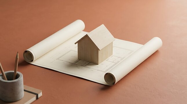 Small wooden house model placed on architectural floor plans featuring pencil holder and brown textured background