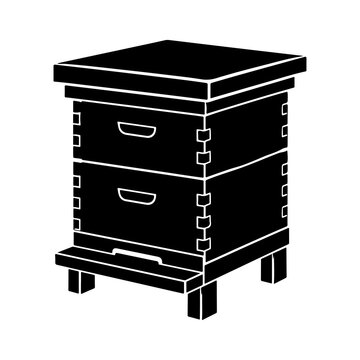 Black Solid Glyph Vector Icon Featuring Wooden Langstroth Beehive Box with Stacked Super Frames Landing Board and Stand for Apiculture