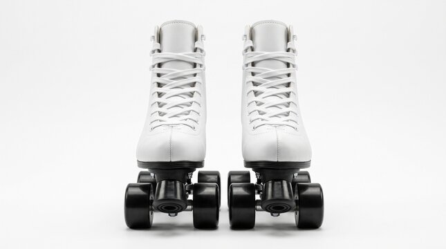 Pair of white quad roller skates with black wheels and laces on a white background