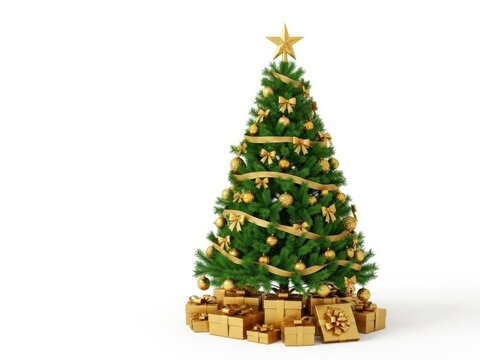 Decorated christmas tree with golden star and wrapped gifts