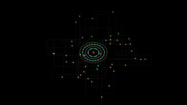 Futuristic circular HUD interface loop with glowing blue and orange network circuit nodes