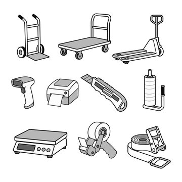 Warehouse and Packing Tools Collection Black and White Minimal Line Art Vector Set
