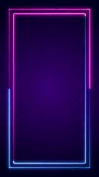 abstract neon lights border frame dark purple background animation, technology and game stream blank vertical social media motion background