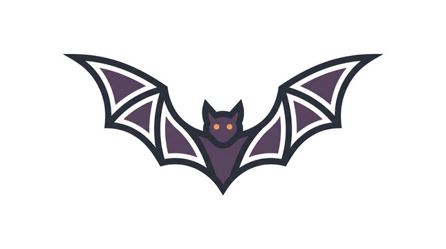 Cute purple bat graphic illustration with open wings and glowing yellow eyes isolated on white