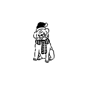 Cute Pug Dog wearing Santa Hat and Winter Scarf