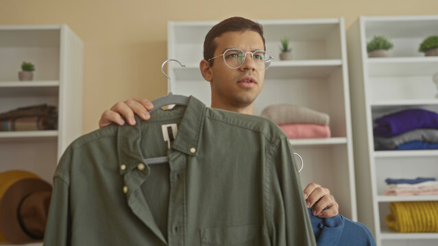 Man holding two shirts on hangers comparing garments in a shop inside a building; indecision choice.