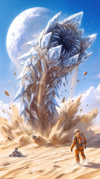 Massive crystalline worm bursting from desert sand on alien planet. Space explorer in protective suit witnessing giant creature emergence under large moon.