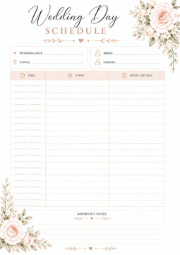 Elegant wedding day schedule template with soft floral watercolor design. Perfect for organizing events, timelines, and important notes for your special day.