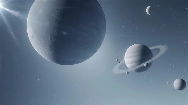 Surreal Space Planet Scene with Ringed World, Floating Celestial Spheres, Crescent Moon, Radiant Starry Background, Galaxy Atmosphere, Astronomy Fantasy, Halloween Universe Artwork and Cosmic Wonder