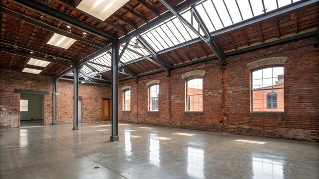 Industrial loft warehouse interior with brick walls