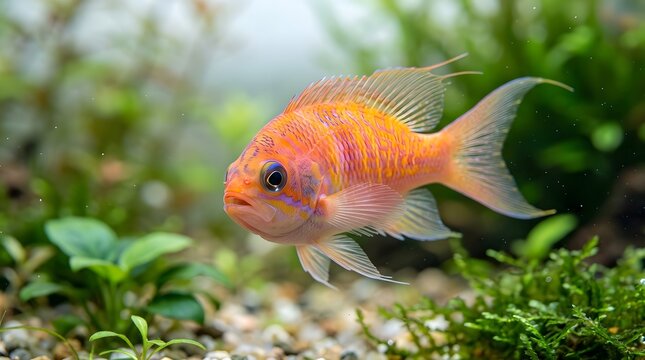 Orange tropical fish swimming in a freshwater planted aquarium