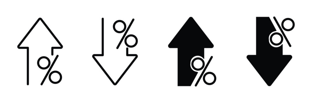 Percentage rate arrow icon set. Percent arrow up and down symbol. Price increase and decrease vector illustration. Profit sign. Up and down arrows with percentage pictogram. 