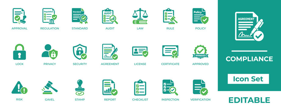 Corporate compliance and regulatory audit solid icon set. Business governance, legal policy, standard quality, privacy and security vector symbols.