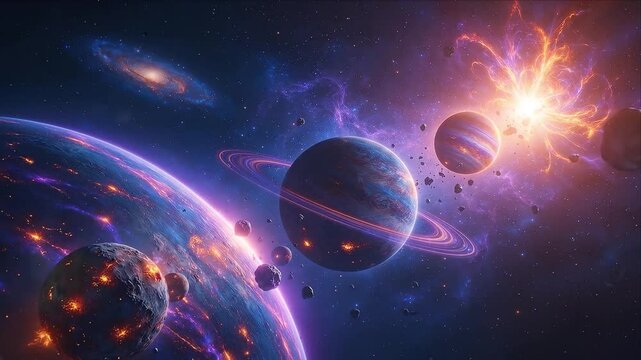 Cosmic Halloween Background with Glowing Star, Ringed Planet, Colorful Galaxy, Rocky Moon, Nebula, and Luminous Planetary Horizon in Mysterious Deep Space Fantasy Scene