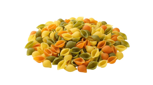 A pile of colorful raw tricolor shell pasta isolated on transparent background for food design