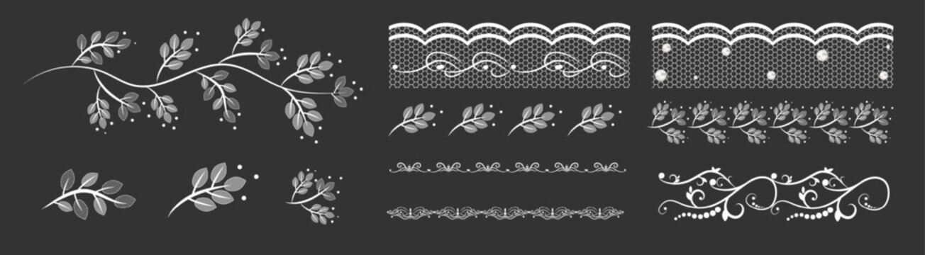Lace border set, horizontal vector collection of white botanical leaf branches, mesh trims and floral scroll ornaments. Elegant layout for wedding invitation, card decoration and branding.