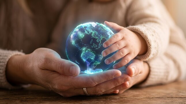Two pairs of hands  one adult and one child  cradle a luminous holographic Earth model resting on a rustic wooden table