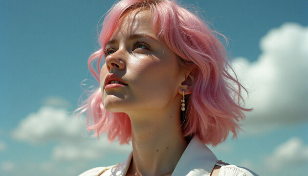 portrait of young woman with pink short hair looking up against blue sky and clouds in sunlight